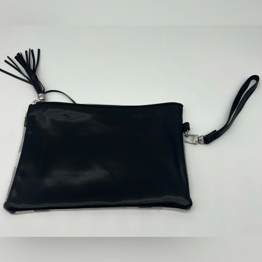 Cosmetic bag plaid with wristlet strap and tassel